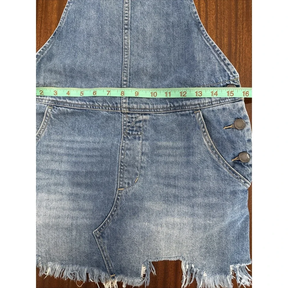 Free People Denim Overall Mini Dress Women's Size 2 Raw Hem Blue Boho Adjustable